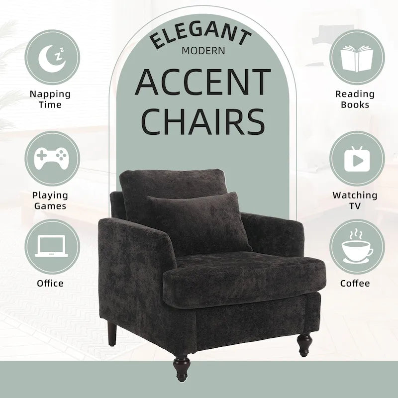 Fauteuil met chenillebekleding, houten frame en armleuningen in moderne midcenturystijl voor de woonkamer