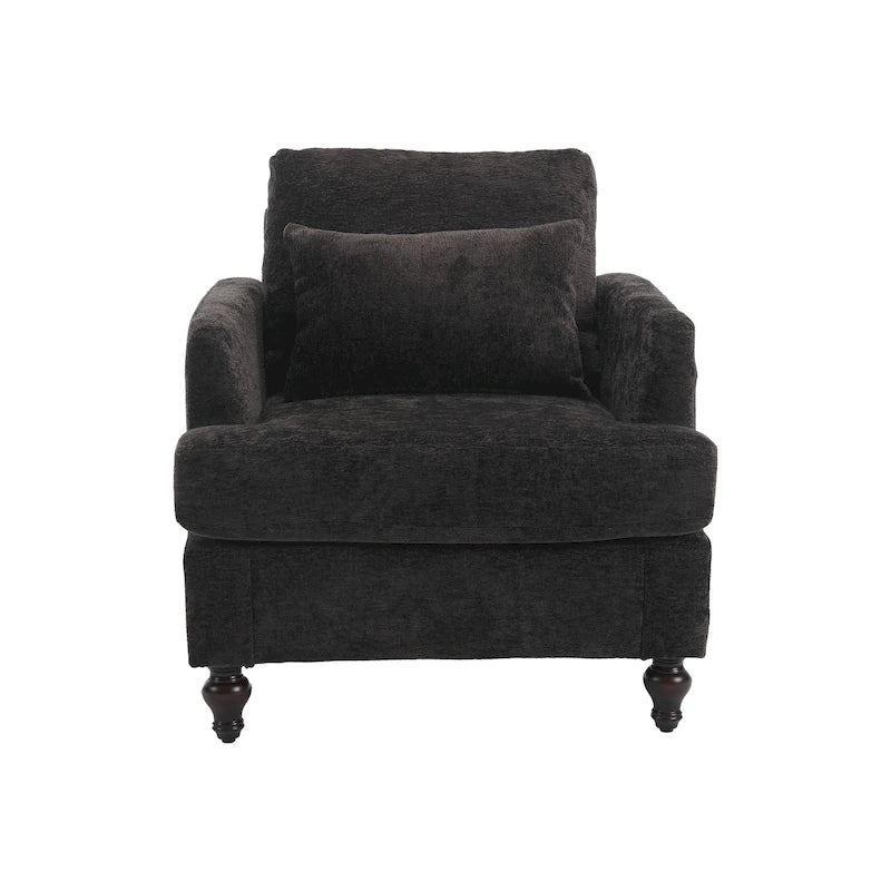 Fauteuil met chenillebekleding, houten frame en armleuningen in moderne midcenturystijl voor de woonkamer