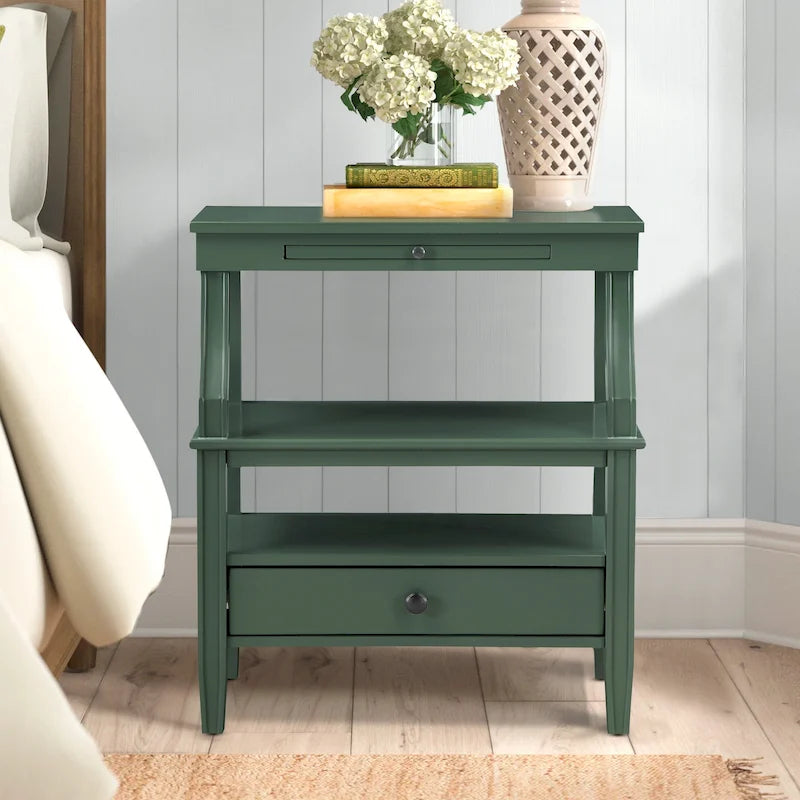 Rustic Farmhouse Coastal Storage Nightstand with Pull-Out Tray and Drawer