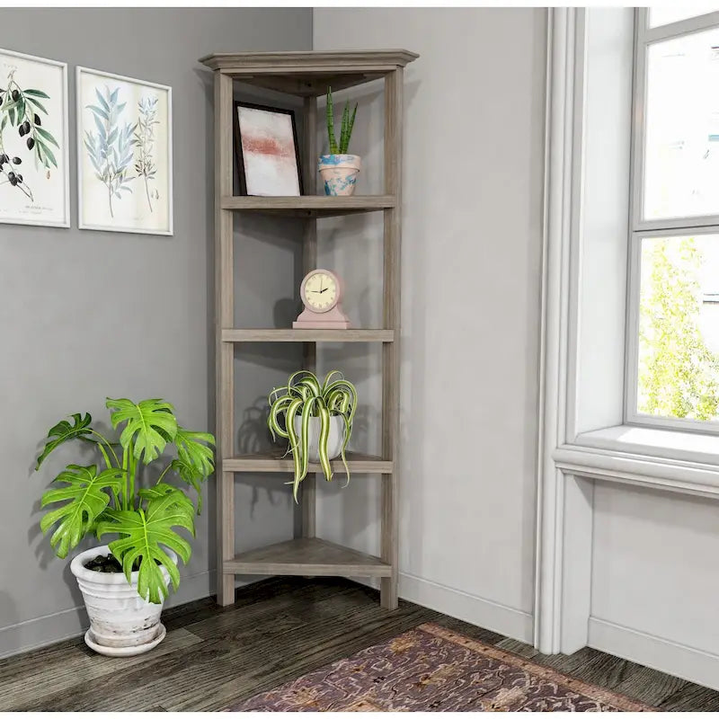 Hoge houten hoekboekenkast met 4 planken, gewassen grijs