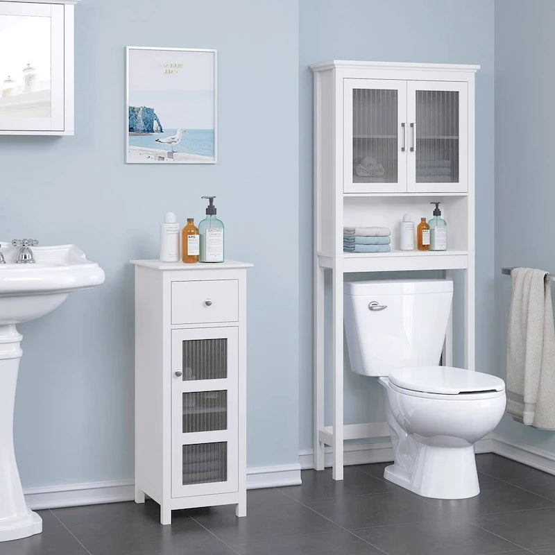 Badezimmerregal über der Toilette, Badezimmer-Organizer mit Tür aus Moru-Sicherheitsglas