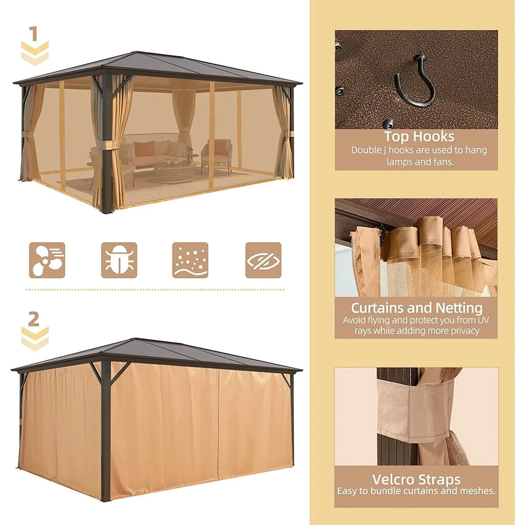 Gazebo EROMMY con tetto rigido, pergola da esterno con doppio tetto, rete e tende, copertura robusta per patio, giardino e feste in piscina