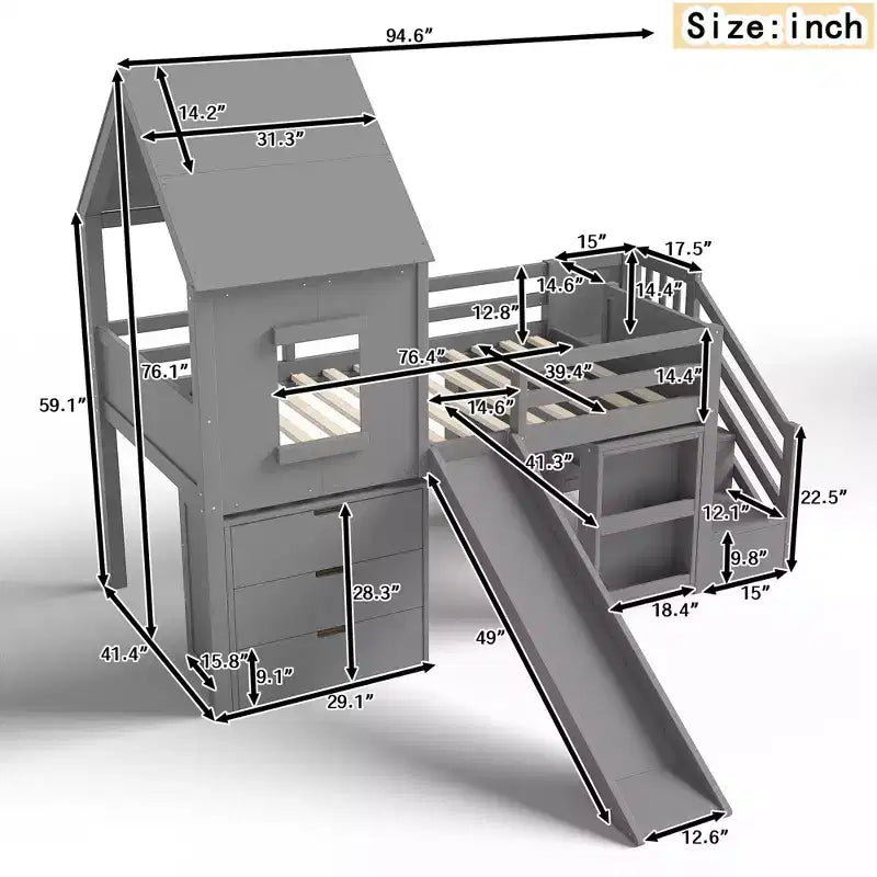 Einzel-Hochbett mit 3 Schubladen und Treppe mit Stauraum, Hausbett aus Holz mit Rutsche und abnehmbarem Schreibtisch