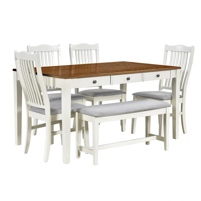 Ensemble de salle à manger en bois de 6 pièces avec 4 chaises et un banc, table avec tiroir