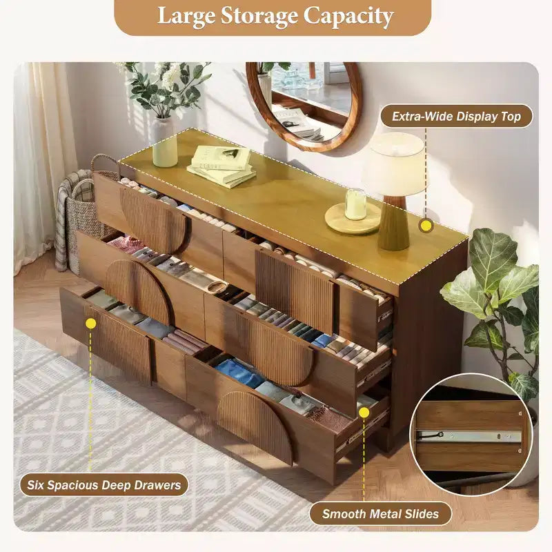 Cassettiera moderna geometrica a 6 cassetti, ampia cassettiera con dettagli semicircolari per camera da letto e soggiorno