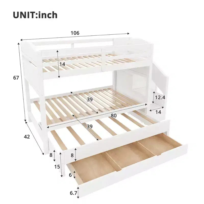 Struttura letto a castello singolo Whisen XL con letto estraibile, letto a castello con contenitore, legno massello, scala contenitore, armadio, 3 cassetti, per bambini