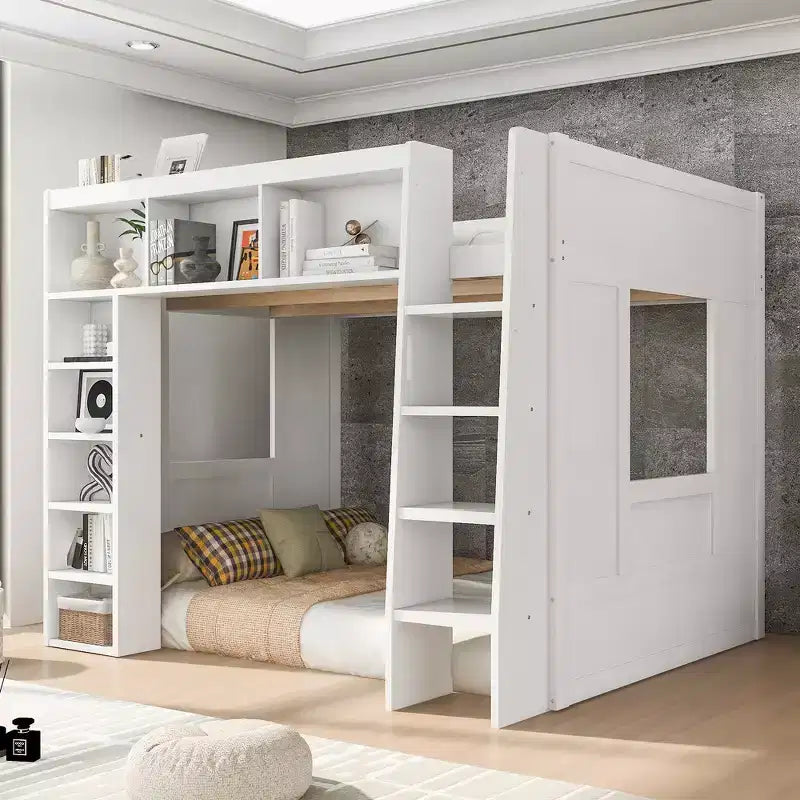 Struttura letto a soppalco in legno Whisen Queen Size con armadietti e ripiani contenitori