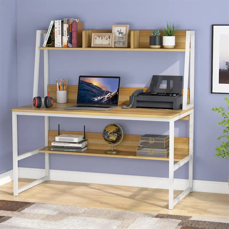 47-Zoll-Computertisch mit Aufsatz und Bücherregal, Homeoffice-Schreibtisch