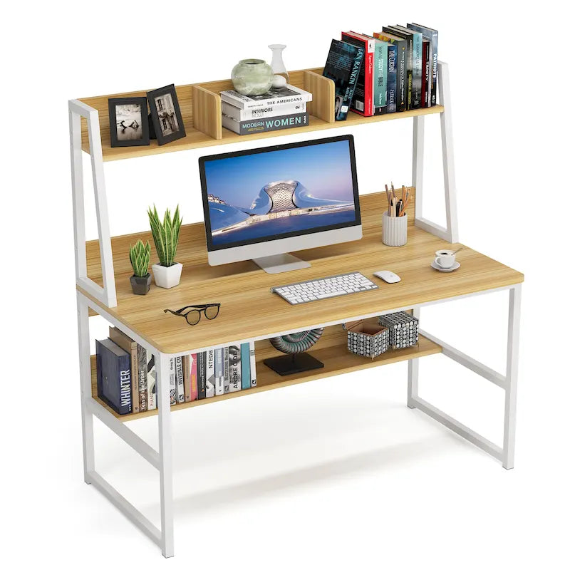 47-Zoll-Computertisch mit Aufsatz und Bücherregal, Homeoffice-Schreibtisch