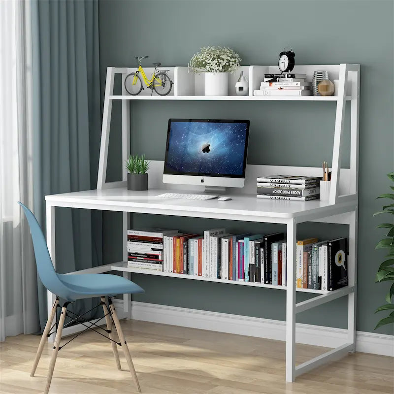 47-Zoll-Computertisch mit Aufsatz und Bücherregal, Homeoffice-Schreibtisch