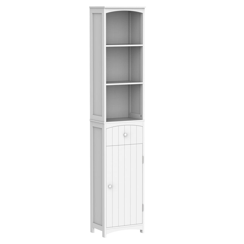 Badkameropbergkast van 67 inch hoog, vrijstaande linnenkast met plank met 3 niveaus, smalle staande organizer, wit