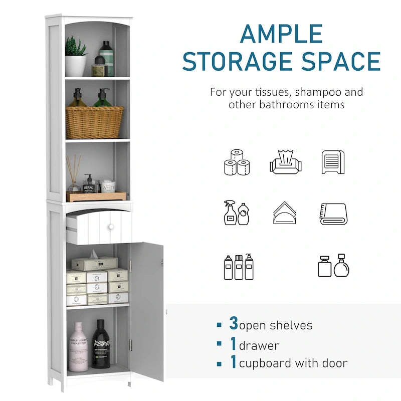 67 Zoll hoher Badezimmerschrank, freistehender Wäscheschrank mit 3-stufigem Regal, schmaler seitlicher Bodenorganizer, Weiß