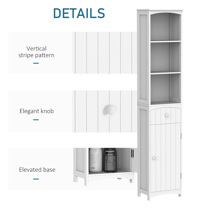 Badkameropbergkast van 67 inch hoog, vrijstaande linnenkast met plank met 3 niveaus, smalle staande organizer, wit