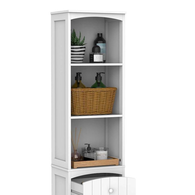 67 Zoll hoher Badezimmerschrank, freistehender Wäscheschrank mit 3-stufigem Regal, schmaler seitlicher Bodenorganizer, Weiß