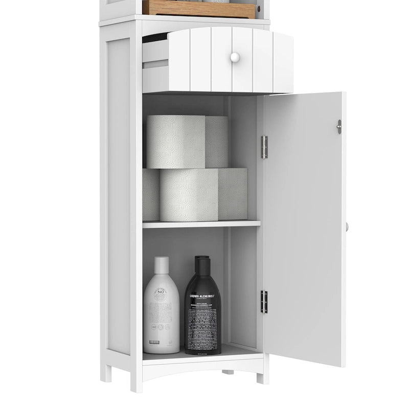 Badkameropbergkast van 67 inch hoog, vrijstaande linnenkast met plank met 3 niveaus, smalle staande organizer, wit