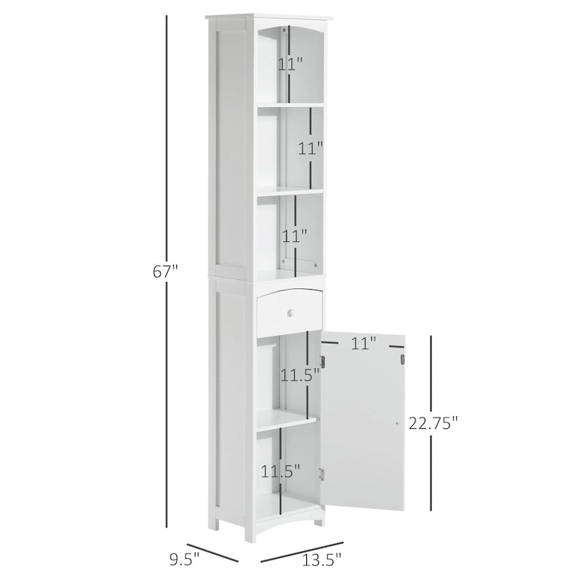 Badkameropbergkast van 67 inch hoog, vrijstaande linnenkast met plank met 3 niveaus, smalle staande organizer, wit
