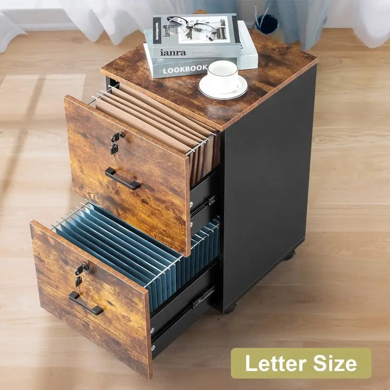 Rollbarer Aktenschrank aus Holz mit 2 Schubladen und Schloss