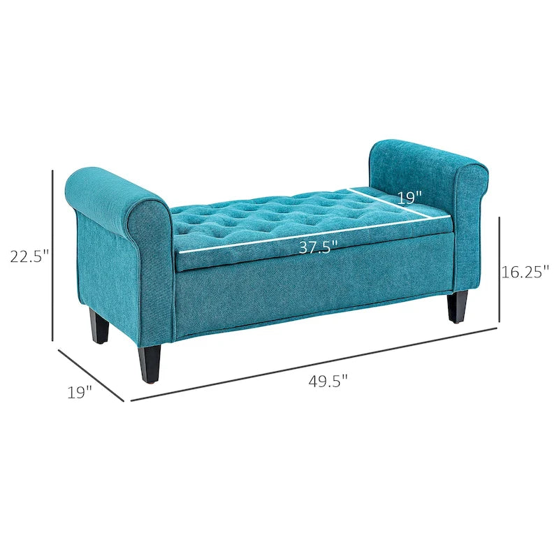 50 Storage Ottoman Bench, Upholstered End of Bed Bench with Rolled Arms, Wood Legs, Button Tufted Storage Bench Gray