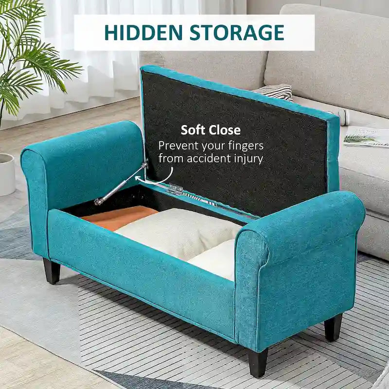 50 Storage Ottoman Bench, Upholstered End of Bed Bench with Rolled Arms, Wood Legs, Button Tufted Storage Bench Gray