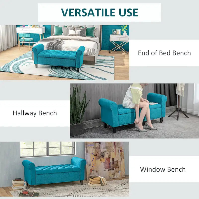 50 Storage Ottoman Bench, Upholstered End of Bed Bench with Rolled Arms, Wood Legs, Button Tufted Storage Bench Gray