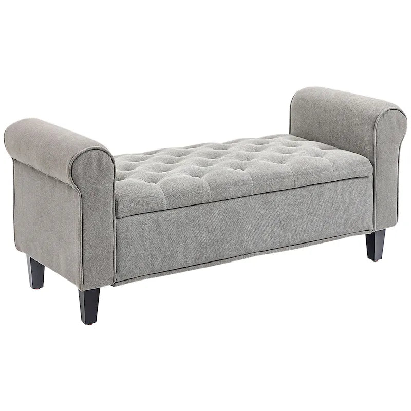 50 Storage Ottoman Bench, Upholstered End of Bed Bench with Rolled Arms, Wood Legs, Button Tufted Storage Bench Gray