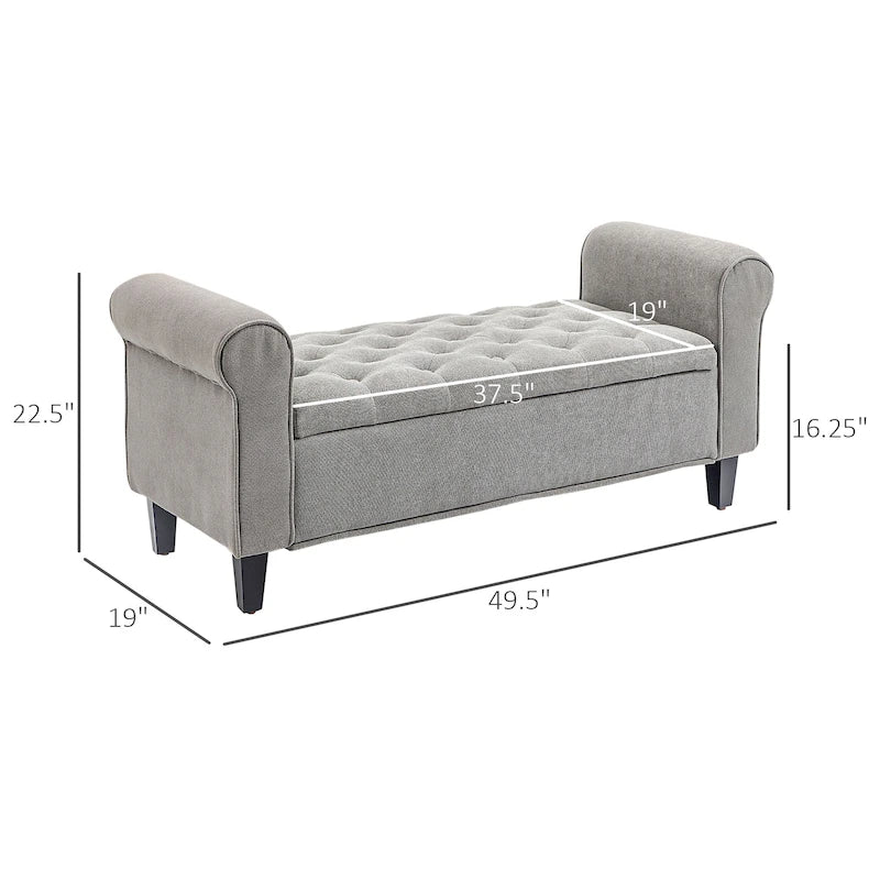 50 Storage Ottoman Bench, Upholstered End of Bed Bench with Rolled Arms, Wood Legs, Button Tufted Storage Bench Gray
