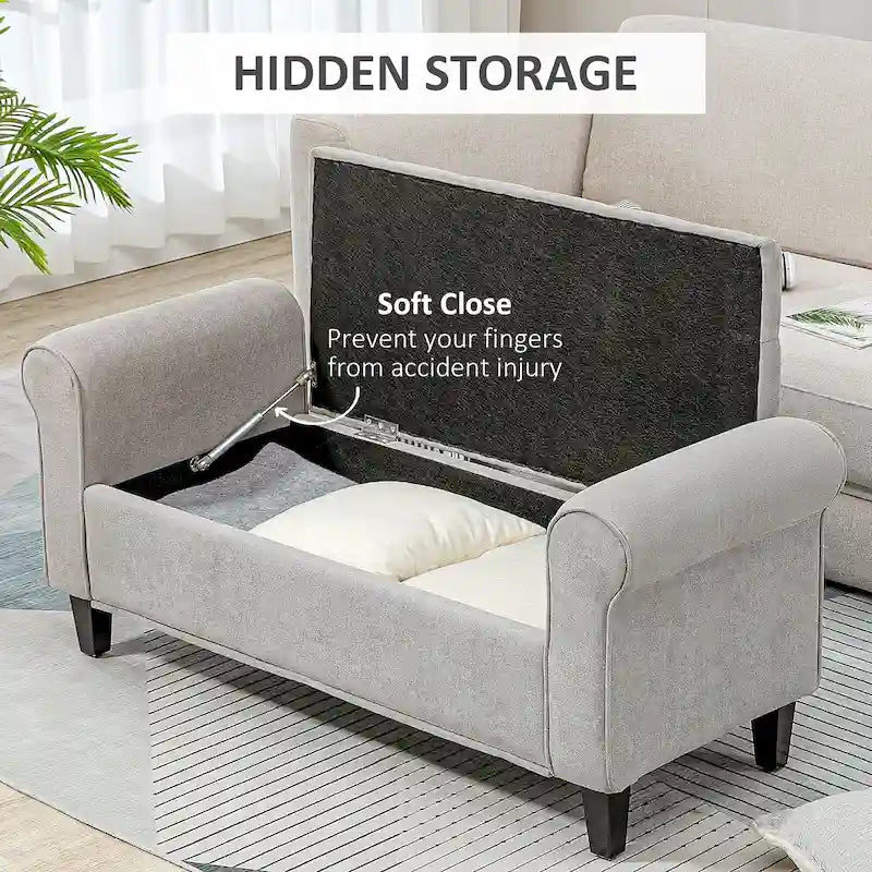 50 Storage Ottoman Bench, Upholstered End of Bed Bench with Rolled Arms, Wood Legs, Button Tufted Storage Bench Gray
