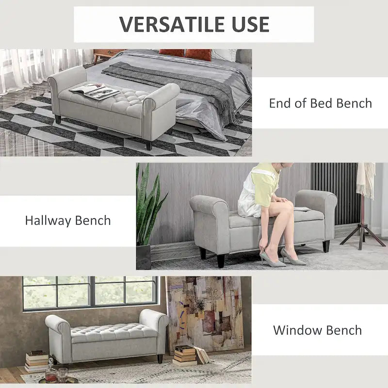 50 Storage Ottoman Bench, Upholstered End of Bed Bench with Rolled Arms, Wood Legs, Button Tufted Storage Bench Gray