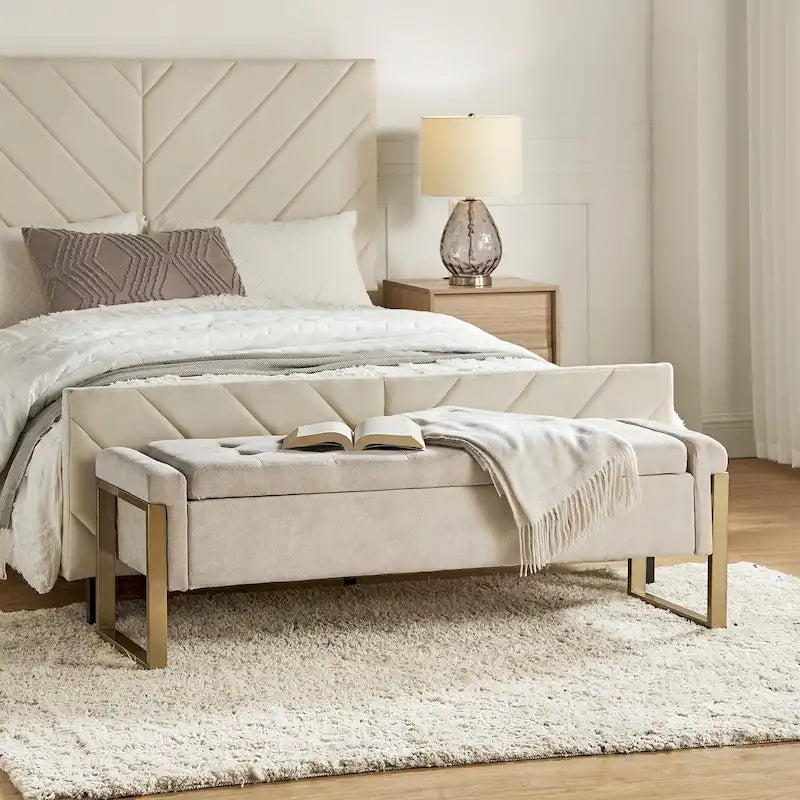 Modern Upholstered Flip Top Storage Bench with Metal Legs