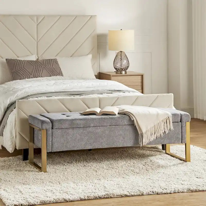 Modern Upholstered Flip Top Storage Bench with Metal Legs