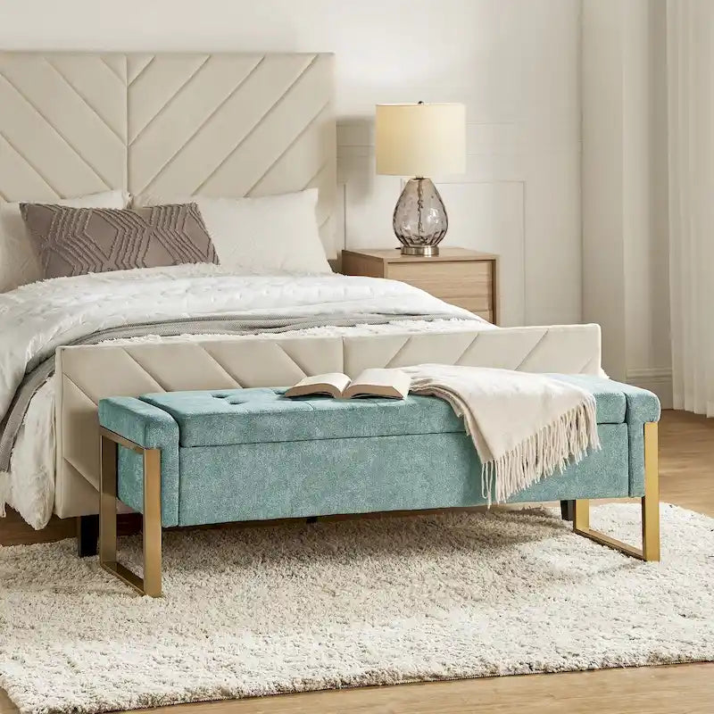 Modern Upholstered Flip Top Storage Bench with Metal Legs