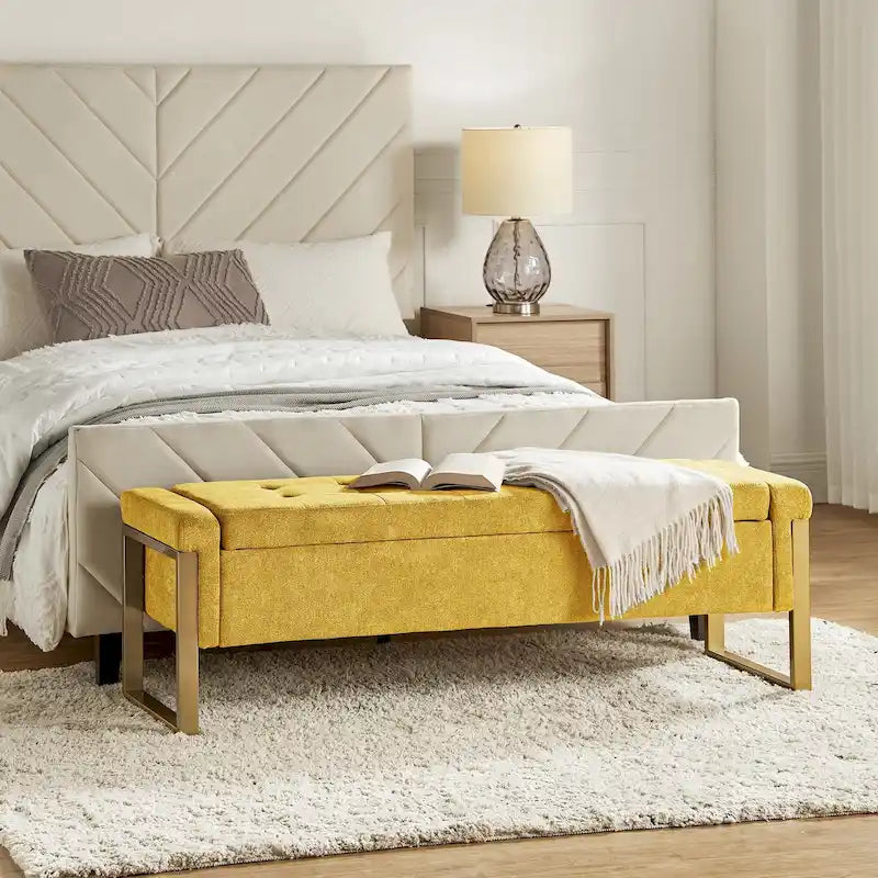 Modern Upholstered Flip Top Storage Bench with Metal Legs