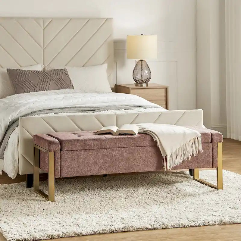 Modern Upholstered Flip Top Storage Bench with Metal Legs