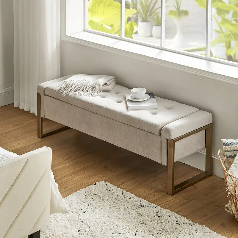 Modern Upholstered Flip Top Storage Bench with Metal Legs