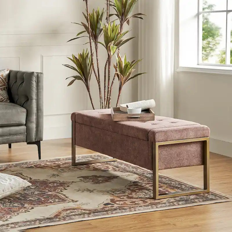 Modern Upholstered Flip Top Storage Bench with Metal Legs