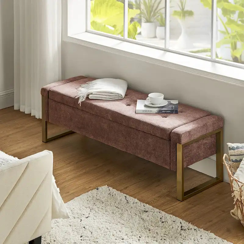 Modern Upholstered Flip Top Storage Bench with Metal Legs