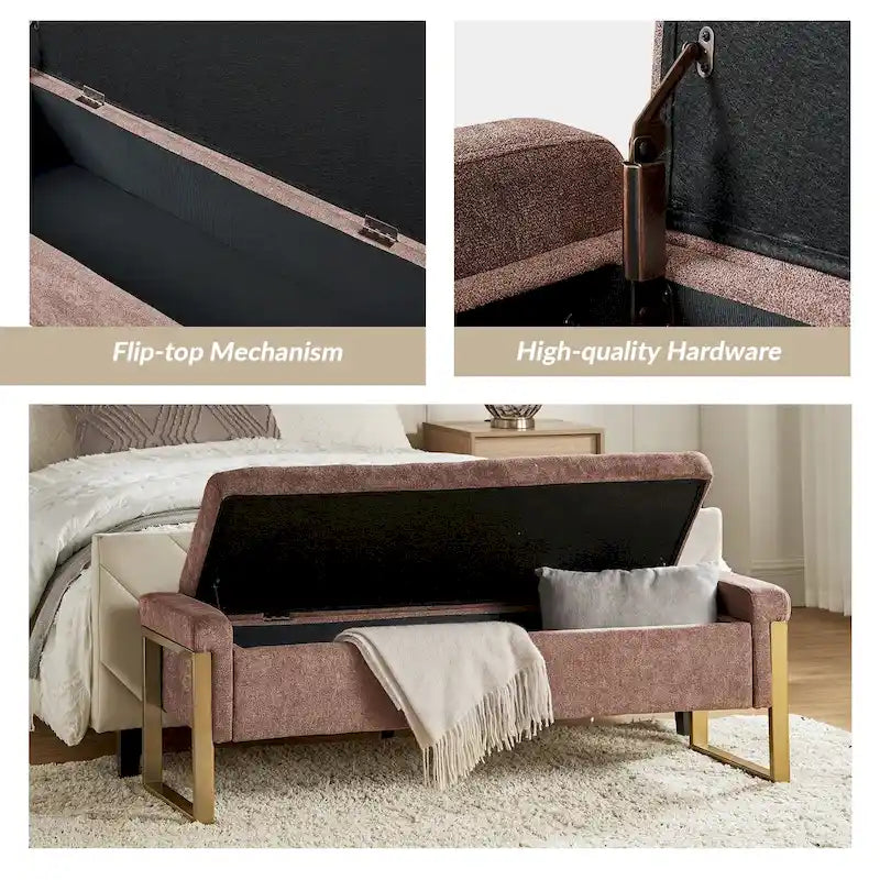 Modern Upholstered Flip Top Storage Bench with Metal Legs