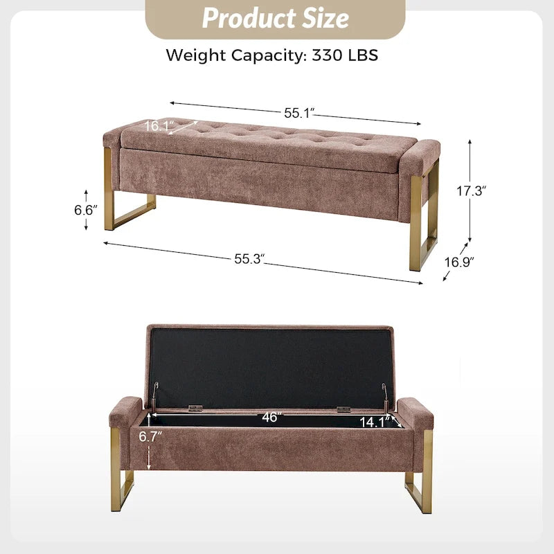 Modern Upholstered Flip Top Storage Bench with Metal Legs