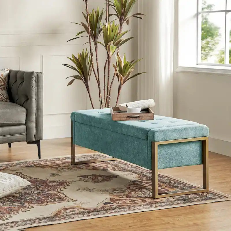 Modern Upholstered Flip Top Storage Bench with Metal Legs