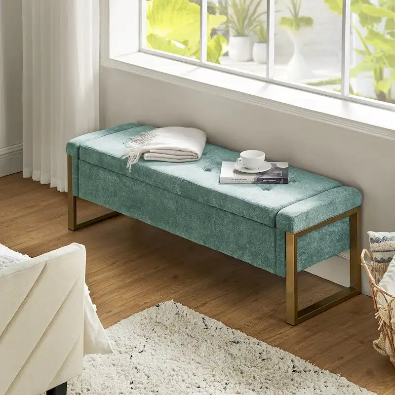 Modern Upholstered Flip Top Storage Bench with Metal Legs