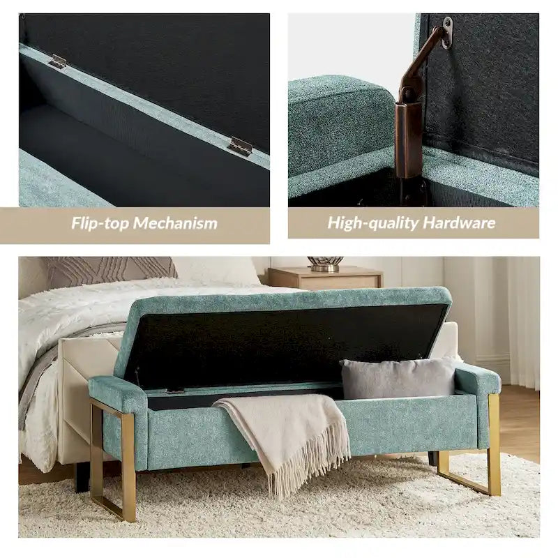 Modern Upholstered Flip Top Storage Bench with Metal Legs