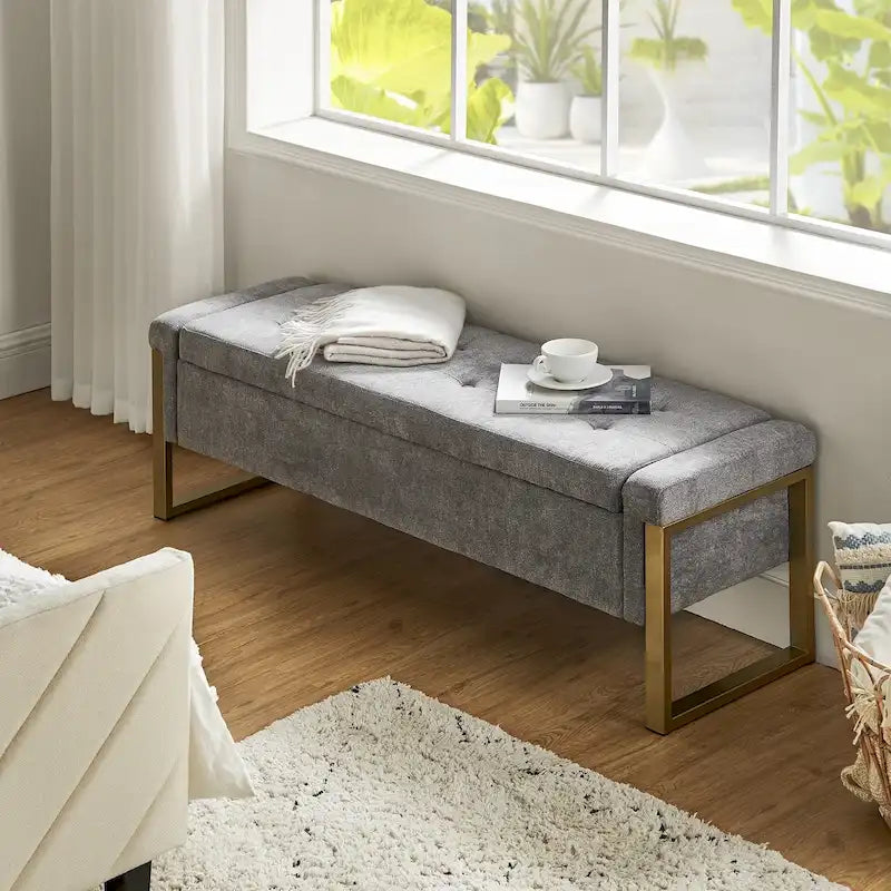 Modern Upholstered Flip Top Storage Bench with Metal Legs