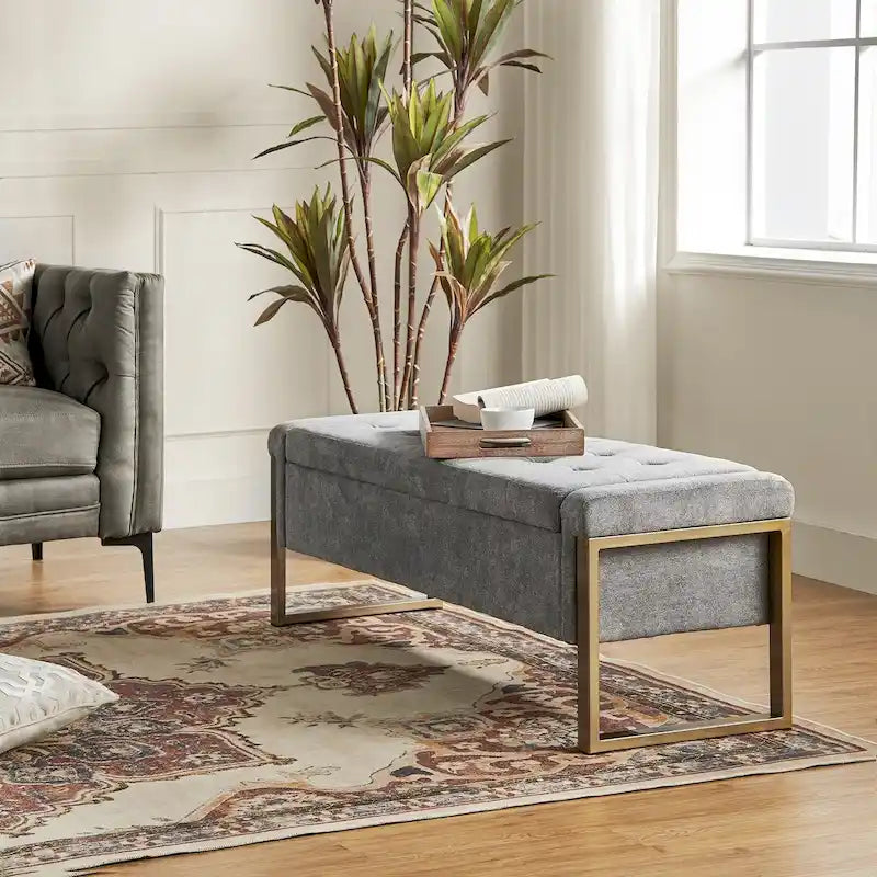 Modern Upholstered Flip Top Storage Bench with Metal Legs