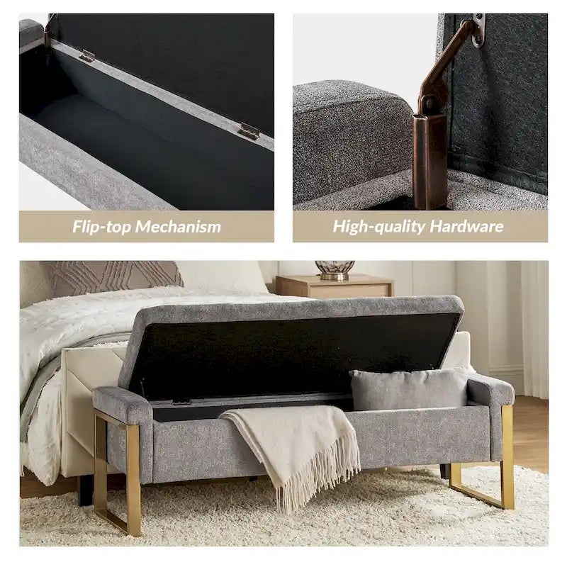 Modern Upholstered Flip Top Storage Bench with Metal Legs