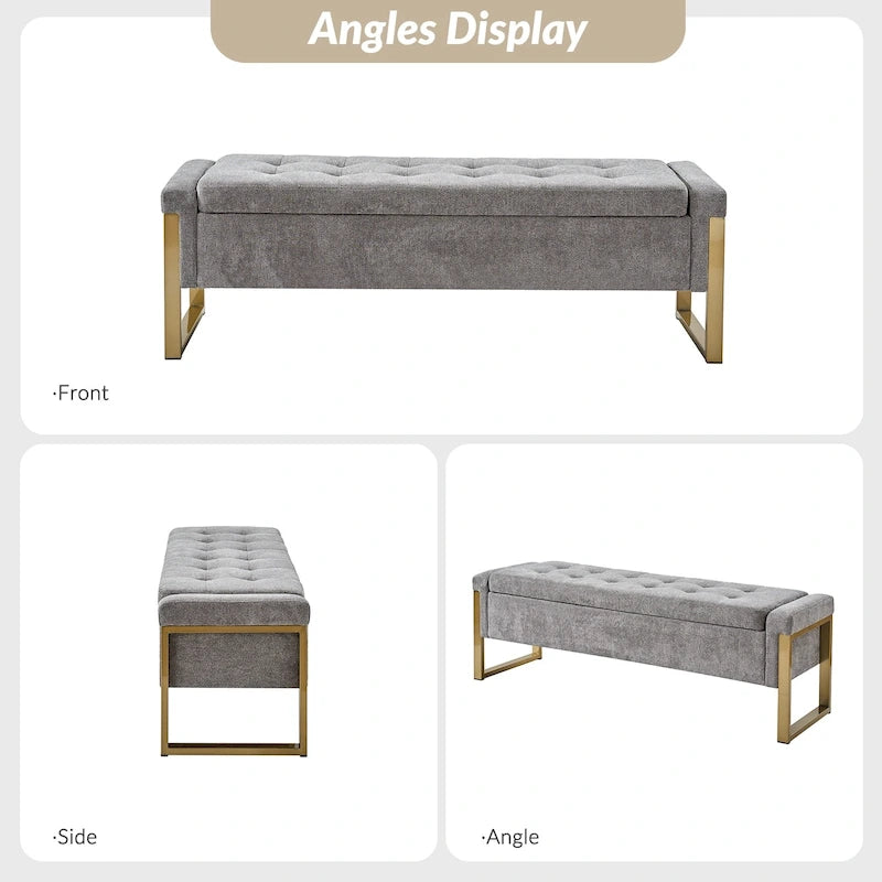Modern Upholstered Flip Top Storage Bench with Metal Legs