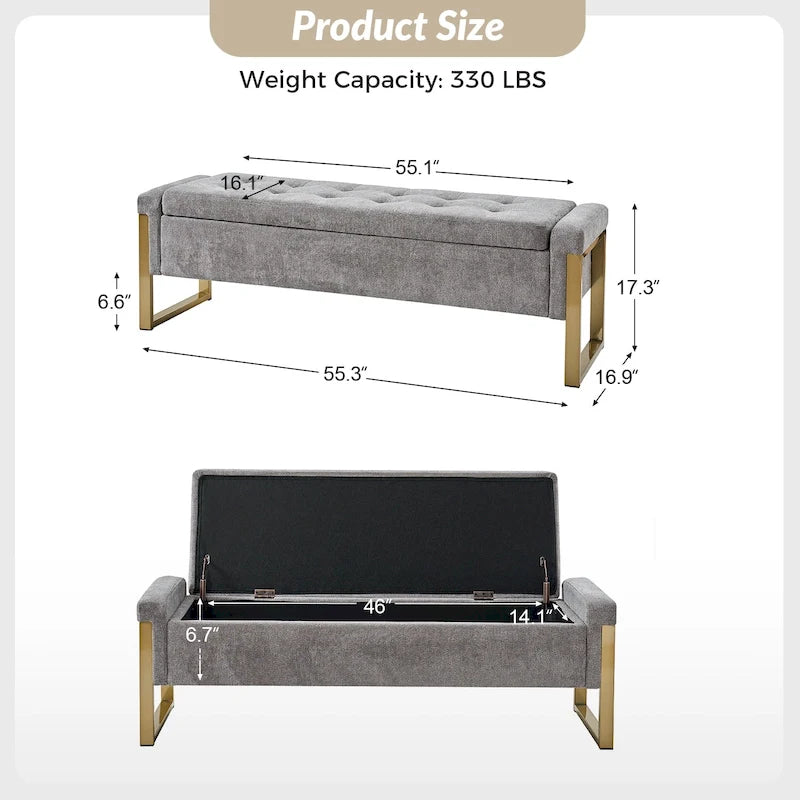 Modern Upholstered Flip Top Storage Bench with Metal Legs