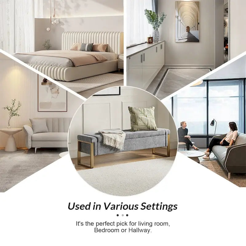 Modern Upholstered Flip Top Storage Bench with Metal Legs