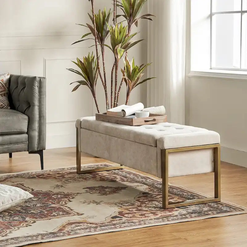 Modern Upholstered Flip Top Storage Bench with Metal Legs