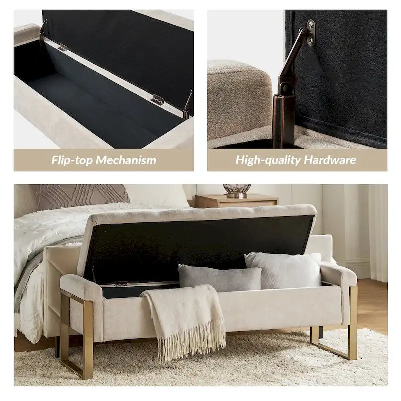 Modern Upholstered Flip Top Storage Bench with Metal Legs