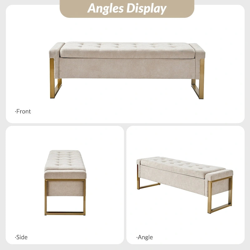 Modern Upholstered Flip Top Storage Bench with Metal Legs